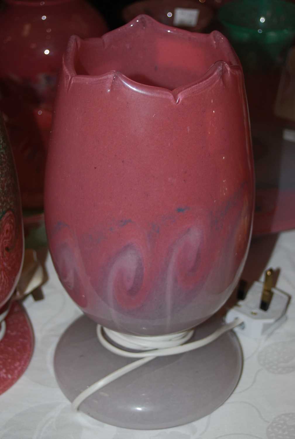 A Vasart tulip lamp, mottled pink and white, decorated with typical whorls.