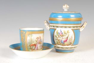 An 18th century Sèvres bleu-celeste ground twin-handled sugar bowl and cover, circa 1754,