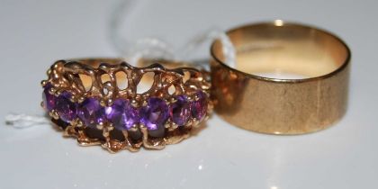 A 9ct gold and seven stone amethyst dress ring, ring size S½, together with a 9ct gold ring size