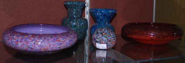 Two Strathearn glass bowls, together with two Scottish art glass short vases, and a Scottish art