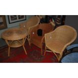 Assorted wicker furniture to include a pair of tub chairs, another tub chair and a round