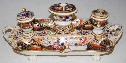 A 19th century Bloor Derby ceramic desk stand, decorated in the Imari palette, red printed marks,