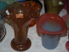 A Vasart top hat-shaped vase, mottled red and blue, together with a Vasart trefoil-shaped vase,