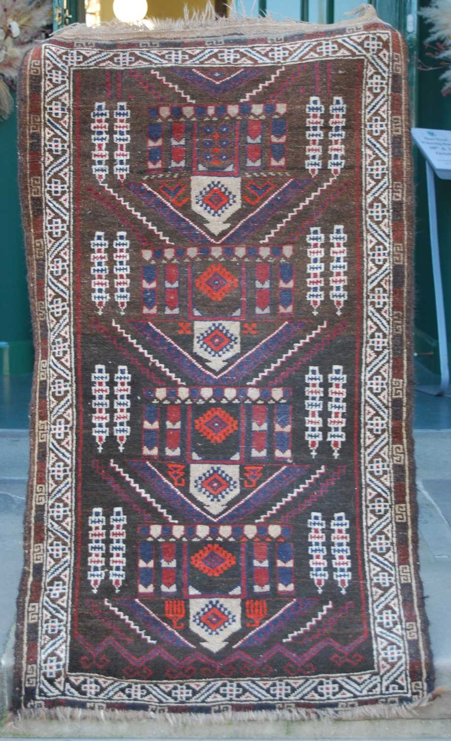 Two small Persian rugs, comprising a brown ground rug decorated with four triangular shaped motifs - Image 5 of 8