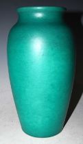 A Pilkingtons Royal Lancastrian mottled green glaze pottery vase, shape 3274, stamped marks, 25cm