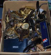 A box of assorted wristwatches to include examples by Pulsar, Lorus, Accurist, Sekonda, etc.