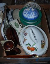 A box of assorted mixed ceramics to include a Royal Worcester Evesham pattern casserole dish.