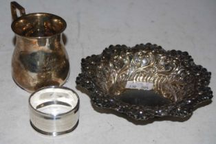 A group of silver to include a London silver miniature tankard, Birmingham silver napkin ring and