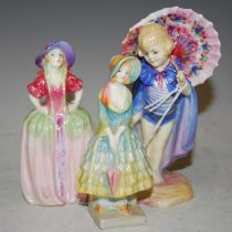 Three Royal Doulton figures to include Babette HN1424, Patricia M7, and Priscilla M13.