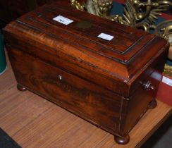 A 19th century rosewood and brass inlaid tea caddy, the hinged lid opening to two separate
