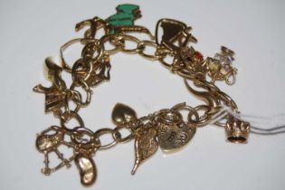 A 9ct gold charm bracelet suspending eighteen assorted 9ct gold and yellow metal charms, gross