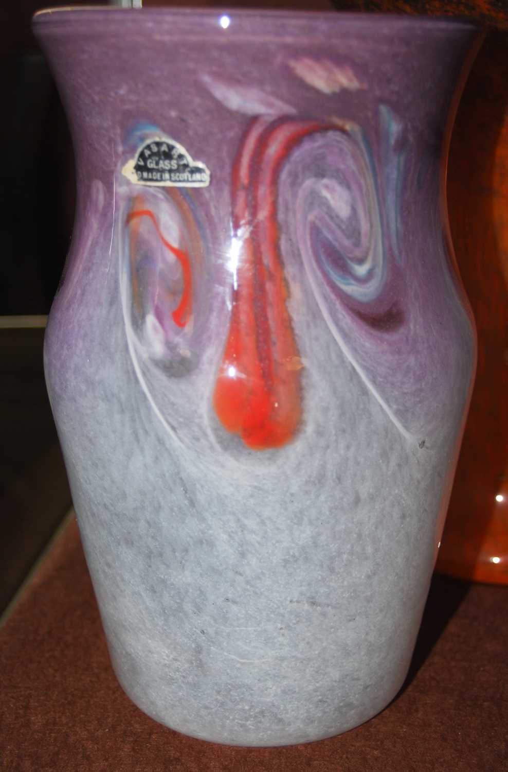 A group of five assorted Vasart glass vases, one mottled purple and white with band of typical - Image 2 of 6