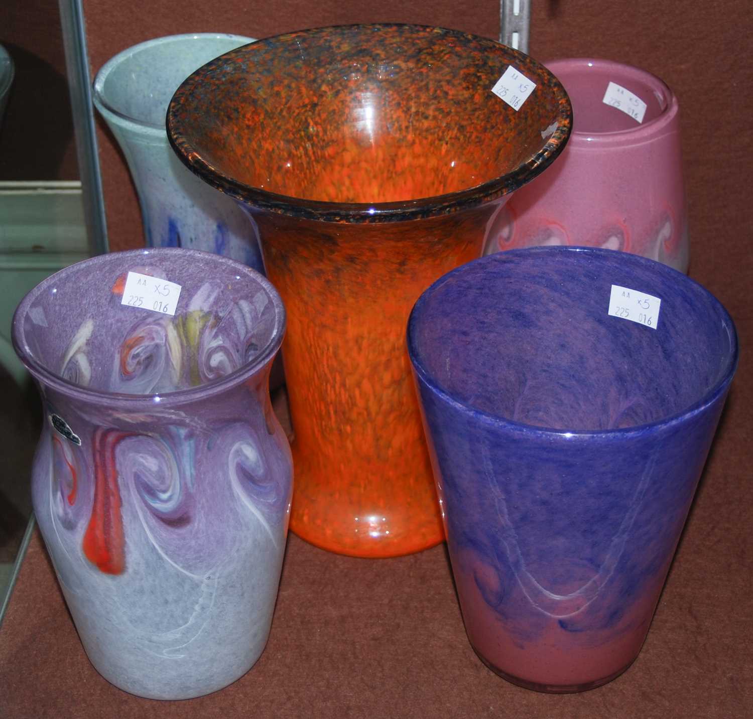 A group of five assorted Vasart glass vases, one mottled purple and white with band of typical