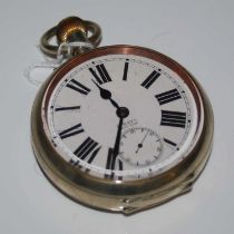 A vintage white metal cased Goliath pocket watch, the black and white Roman numeral dial