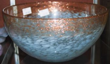 A Monart glass bowl, probably shape AF, in the Royal Wedding colour combination of clear, blue and