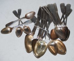 A composite suite of 19th century fiddle pattern silver flatware comprising eight various