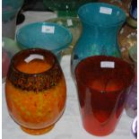 Four of pieces of Ysart glassware comprising a mottled black and orange vase, another mottled