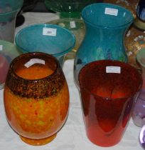 Four of pieces of Ysart glassware comprising a mottled black and orange vase, another mottled