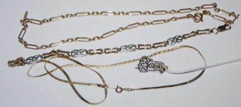 Two 9ct gold necklaces, 7.9 grams, a two-colour yellow metal bracelet stamped '375', 4.2 grams,