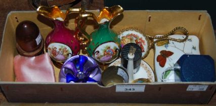 A box of assorted mixed items to include Limoges trinket box, bud vases, brooch, thimbles,