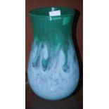A Monart vase mottled green and blue with band of typical whorls, 20cm high.