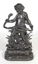 A cast iron cherub and serpent stick stand, with detachable drip pan, black painted details, 80cm