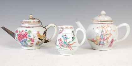 A group of Chinese famille rose export porcelain, Qing Dynasty, comprising; a bullet shaped teapot