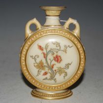 A late 19th century Royal Worcester ivory ground twin-handled pilgrim vase with puce printed