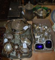 A collection of EPNS and other mixed metalware comprising flatware, salt dishes, serving tray, toast