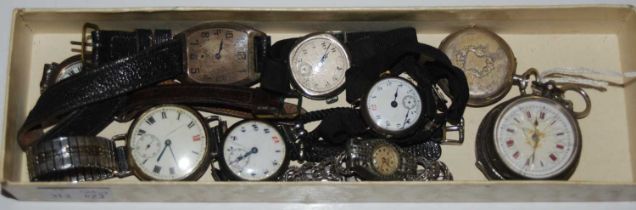 A collection of assorted vintage wristwatches, fob watches, and a marcasite set cocktail ring by