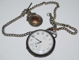 A vintage Continental white metal cased open faced Longines pocket watch, the black and white Arabic