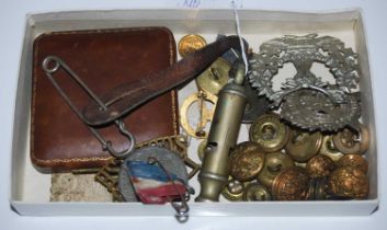 Militaria interest: collection of assorted buttons, a London Scottish badge, white metal Bydand