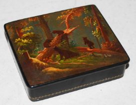 An antique Russian lacquered rectangular-shaped box with hinged cover, the cover decorated with