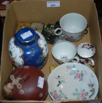 A box of mixed items to include three Japanese cloisonne style vesta holders, a red lacquered