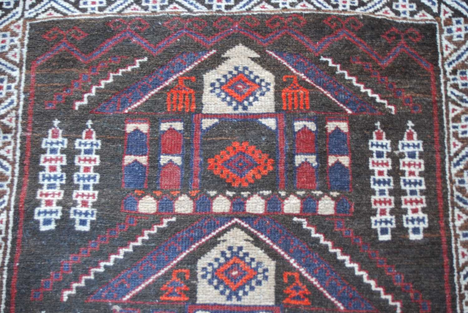 Two small Persian rugs, comprising a brown ground rug decorated with four triangular shaped motifs - Image 8 of 8