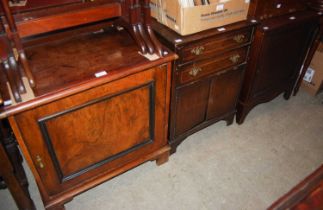 A group of furniture comprising a mahogany rectangular bedside locker, the hinged cupboard door with