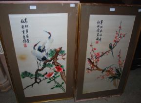 Two framed Chinese silkworks together with two framed Japanese prints of horses.