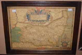 A facsimilie map 'Parte of Norfoke' with hand coloured details, framed and glazed 42cm x 56cm.