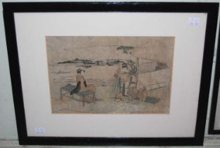 A Japanese woodblock print depicting two ladies and two boys, 21cm x 31cm, framed and glazed 39.