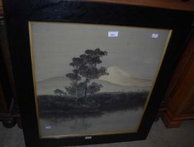 A late 19th/ early 20th century Japanese printed textile panel depicting Mount Fuji, buildings and