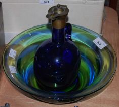 A 19th century Bristol blue glass brass hinged top decanter with stopper, together with a blue and