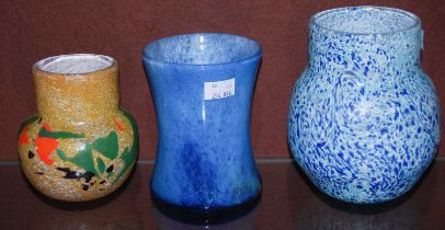 A Scottish art glass vase of hour-glass form, together with two other art glass vases.