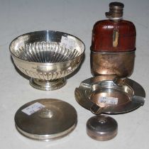 A group of silver, to include a late Victorian silver mounted clear glass hipflask with part leather