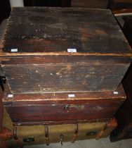 A stained wooden storage box with brass campaign style handles, a stained wooden storage box and a