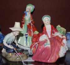 Three Royal Doulton figures comprising 'Lydia' HN1908, 'The Paisley Shawl' HN1914, and 'River Boy'