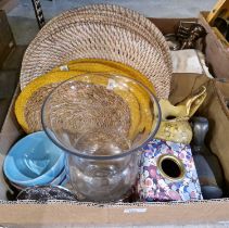 Two boxes of assorted mixed wares to include a pair of brass candlesticks, a pair of wooden turned