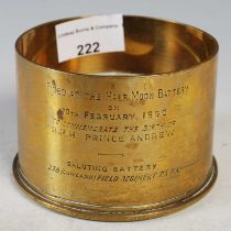 A presentation shell case 'Fired at the half-moon battery on 20th February 1960 to commemorate the