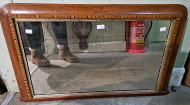 A Victorian walnut and parquetry overmantle mirror, 52cm x 86cm.