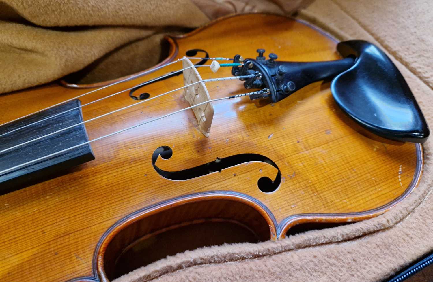 An antique violin, probably maple wood, with an 'Aubert A Mirecourt of France' bridge, bearing paper - Image 3 of 3