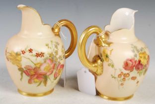 Two Royal Worcester ivory ground flat-back jugs.